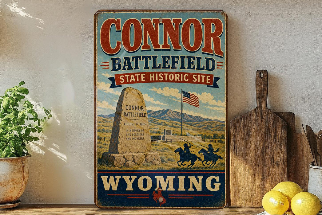 a vintage-style sign for the "Connor Battlefield State Historic Site" in Wyoming, with a cowboy on horseback and a monument in the background.