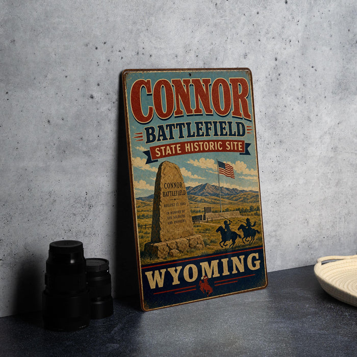a vintage-style sign for the "Connor Battlefield State Historic Site" in Wyoming, with a cowboy on horseback and a monument in the background.