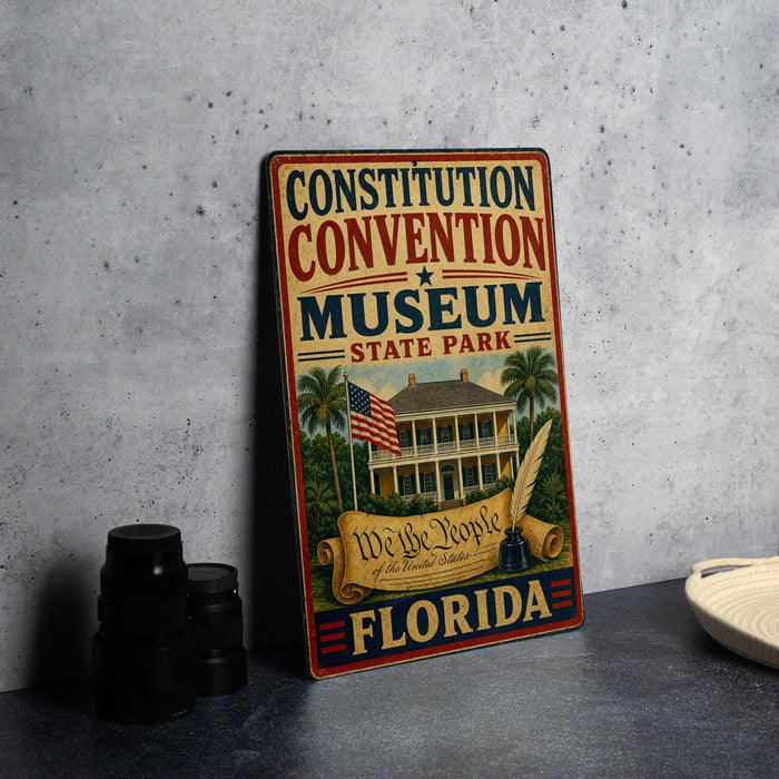 A vintage-style metal sign for the Constitution Convention Museum in Florida, featuring an illustration of a historic building and the text "We the People" and "Florida".
