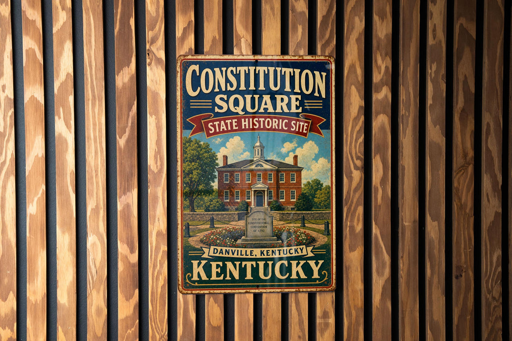 A vintage-style metal sign for the Constitution Square State Historic Site in Danville, Kentucky, featuring an illustration of a historic building surrounded by trees.