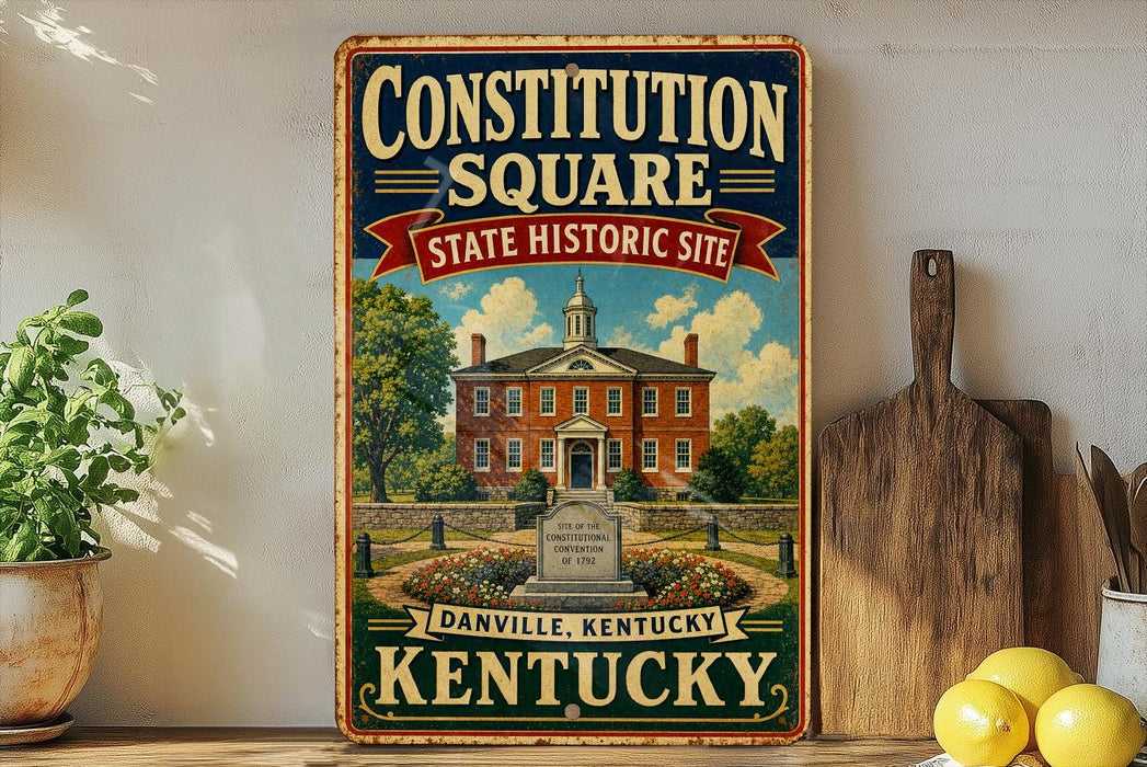a vintage-style metal sign with a picture of a historic building, surrounded by a garden, and the text "Constitution Square State Historic Site" and "DANVILLE, KENTUCKY".