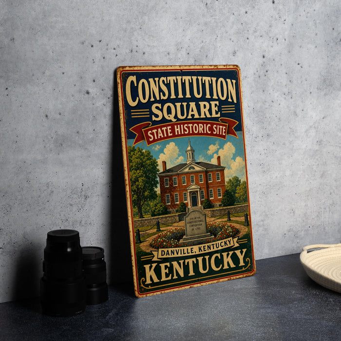 A vintage-style metal sign for the Constitution Square State Historic Site in Danville, Kentucky, featuring an illustration of a historic building and a banner with the text "Constitution Square State Historic Site".