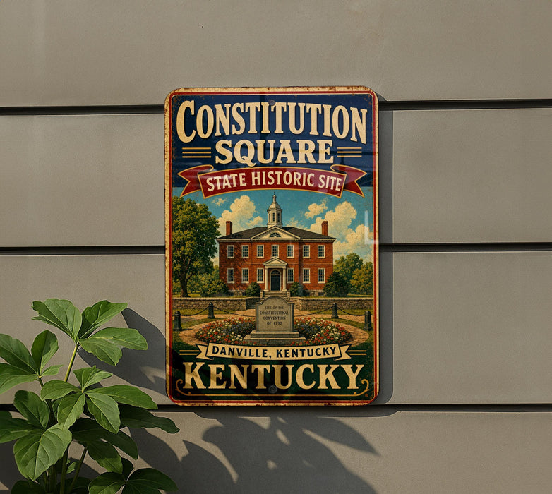 A vintage-style metal sign for the Constitution Square State Historic Site in Kentucky, featuring an illustration of a historic building surrounded by trees and a monument.