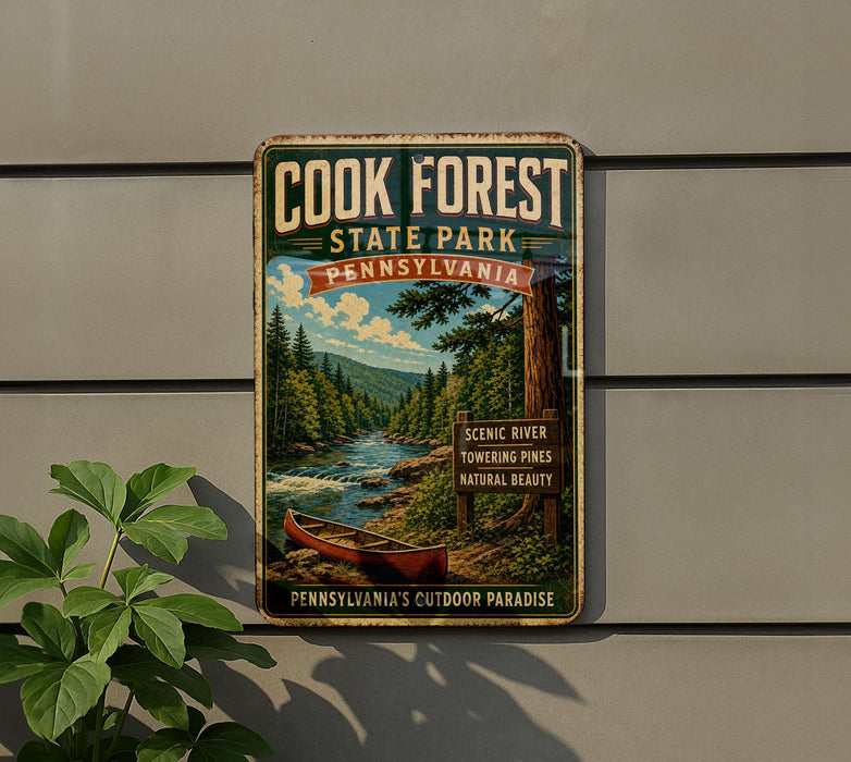 A vintage-style metal sign for Cook Forest State Park in Pennsylvania, featuring a scenic image of a river, pine trees, and a canoe.