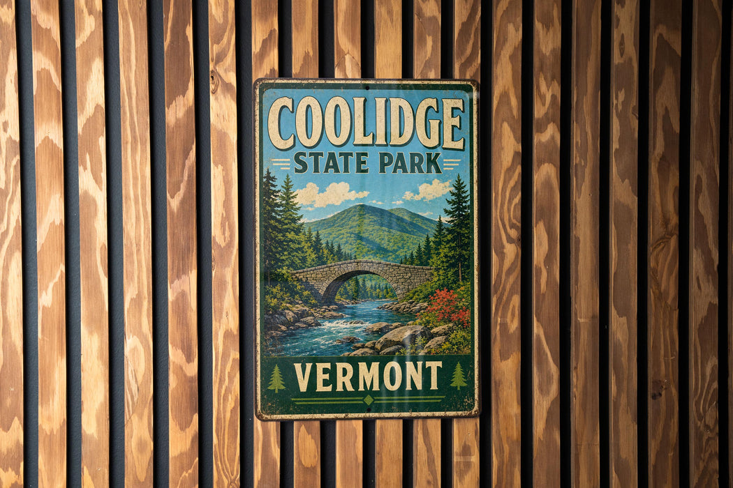 A vintage metal sign for Coolidge State Park in Vermont, featuring a scenic landscape with a bridge and mountains in the background.