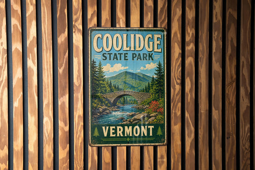 A vintage metal sign for Coolidge State Park in Vermont, featuring a scenic landscape with a bridge and mountains in the background.