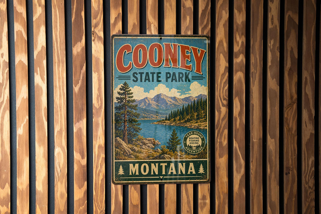 A vintage-style metal sign for Cooney State Park in Montana, featuring a scenic landscape with mountains, trees, and a lake.