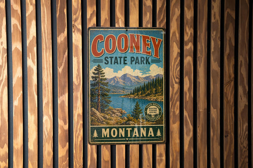 A vintage-style metal sign for Cooney State Park in Montana, featuring a scenic landscape with mountains, trees, and a lake.