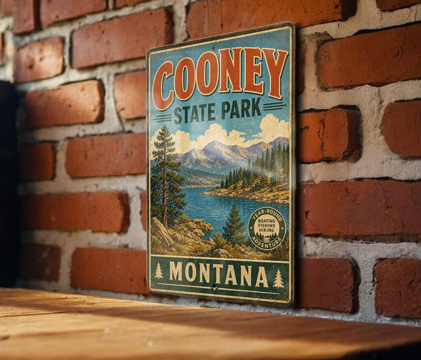 A vintage-style metal sign for Cooney State Park in Montana, featuring a scenic landscape with mountains, trees, and a lake.