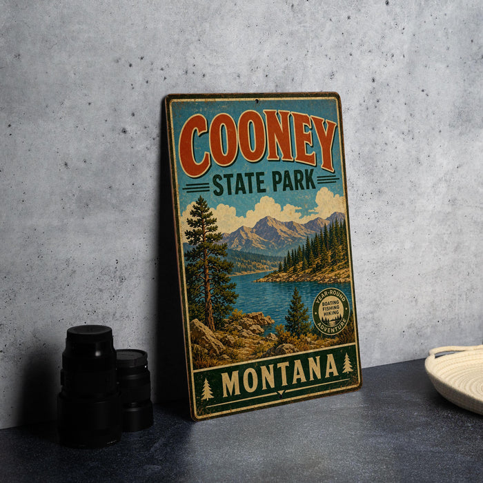 A vintage-style sign for Cooney State Park in Montana, featuring a scenic landscape with mountains, trees, and a lake.