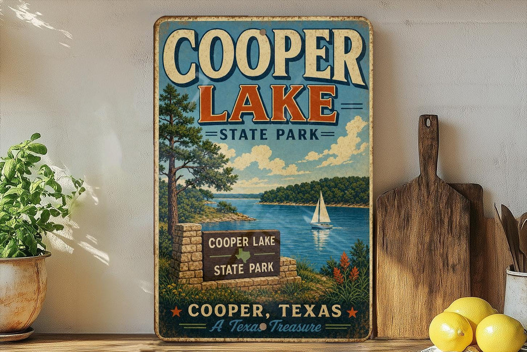 A vintage-style sign for Cooper Lake State Park in Texas, featuring a scenic illustration of the lake and surrounding landscape.