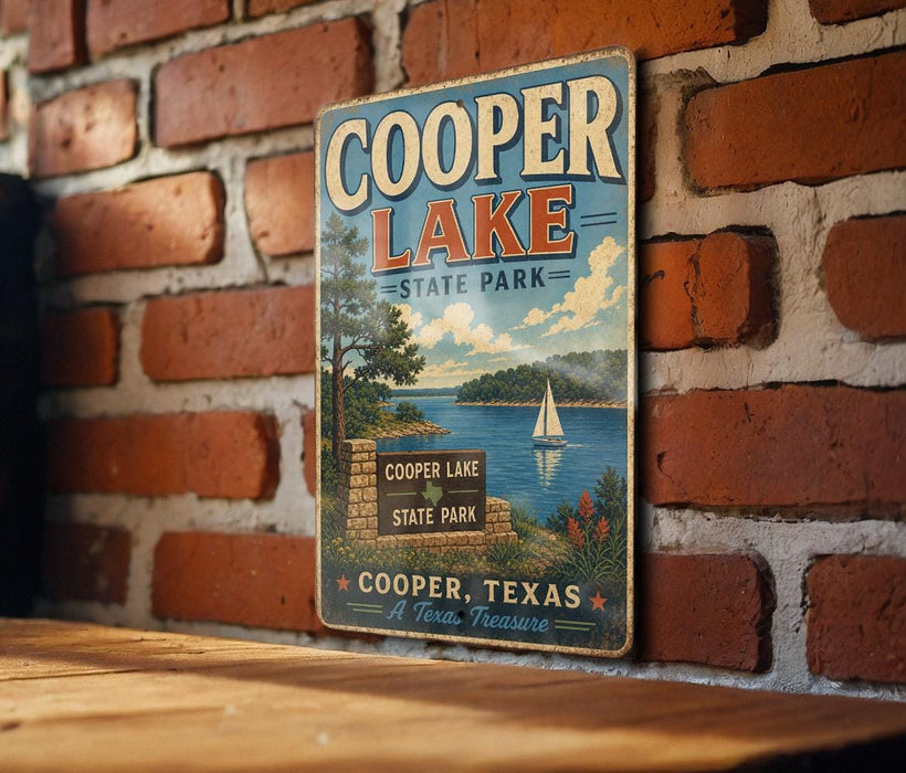 A vintage-style metal sign for Cooper Lake State Park in Texas, featuring a scenic illustration of the lake and surrounding landscape.