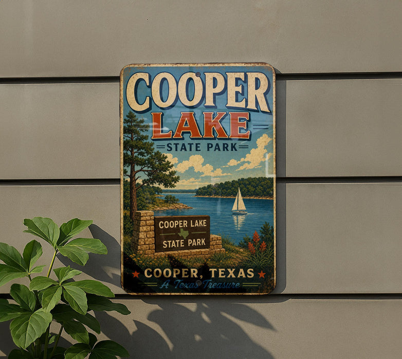 A vintage-style sign for Cooper Lake State Park, featuring a scenic illustration of the lake and surrounding landscape.