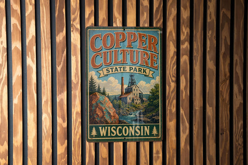 A vintage-style metal sign for Copper Culture State Park in Wisconsin, featuring a scenic illustration of a mining operation and a waterfall.