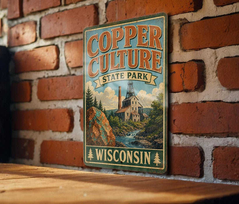 A vintage-style sign for Copper Culture State Park in Wisconsin, featuring a scenic illustration of a mining operation and a river.