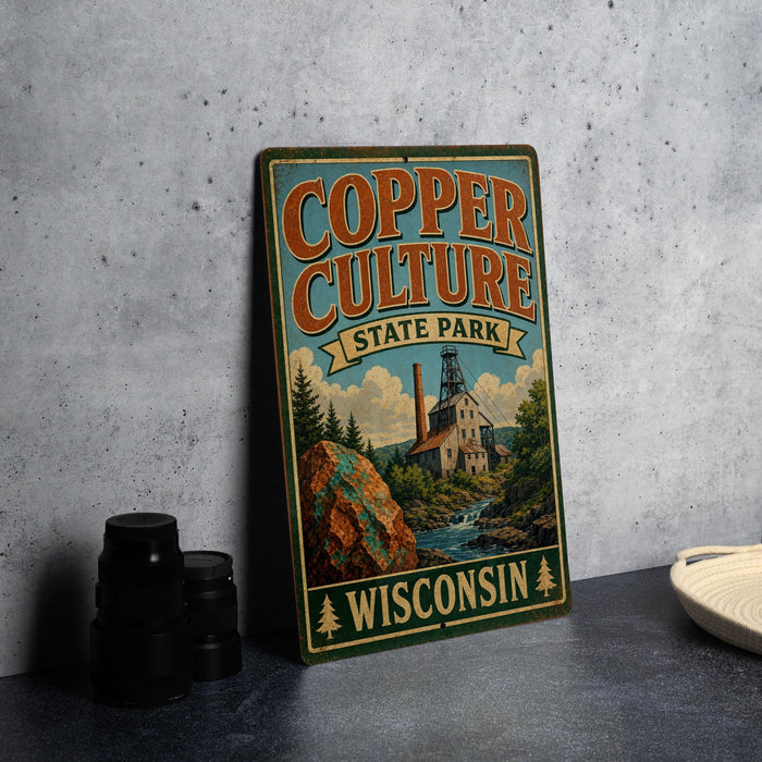 A vintage-style metal sign for Copper Culture State Park in Wisconsin, featuring an illustration of a mill and a scenic landscape.