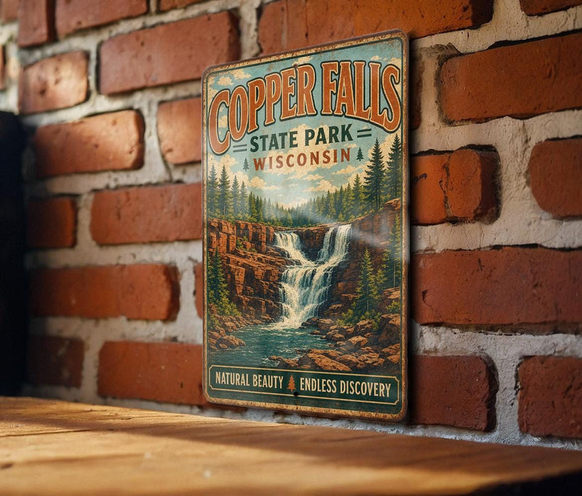 A vintage-style metal sign for Copper Falls State Park in Wisconsin, featuring a scenic illustration of a waterfall surrounded by pine trees.