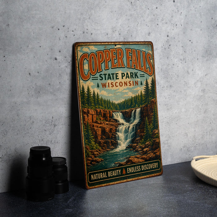 A vintage-style metal sign for Copper Falls State Park in Wisconsin, featuring a scenic illustration of a waterfall surrounded by pine trees.