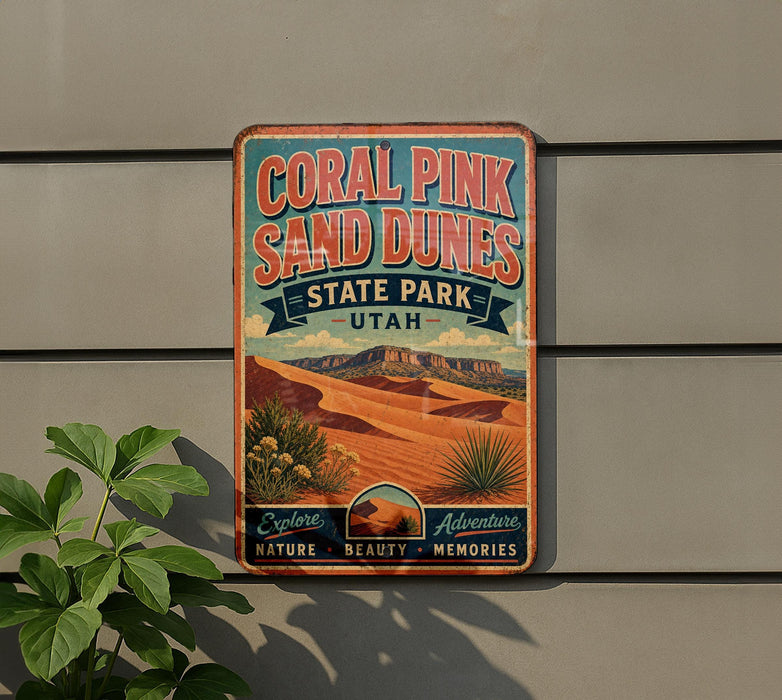 A vintage-style metal sign for Coral Pink Sand Dunes State Park in Utah, featuring a desert landscape with mountains in the background.