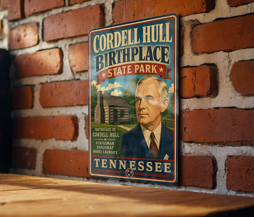 a vintage-style sign for Cordell Hull Birthplace State Park in Tennessee, with a portrait of a man and text describing the location.