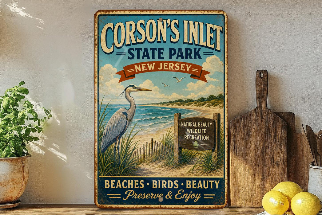 A vintage-style metal sign for Corson's Inlet State Park, featuring a seagull, beach, and wildlife sign, with a wooden paddle and lemons on a shelf in the background.