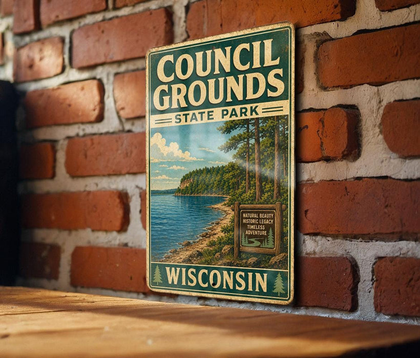 A vintage-style metal sign for Council Grounds State Park in Wisconsin, featuring a scenic landscape with a lake and forest.