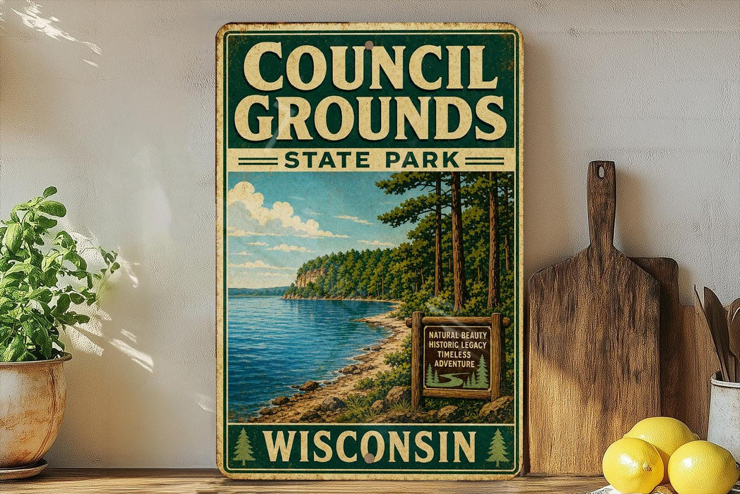 A vintage-style sign for Council Grounds State Park in Wisconsin, featuring a scenic image of a lake and forest.