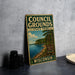 A vintage-style metal sign for Council Grounds State Park in Wisconsin, featuring a scenic landscape with a lake and forest.