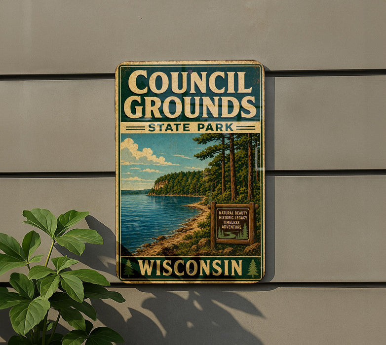 A vintage-style metal sign for Council Grounds State Park in Wisconsin, featuring a scenic landscape with a lake and forest.