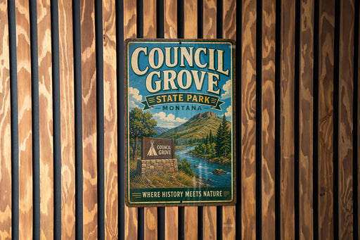 A metal sign for Council Grove State Park in Montana, featuring a scenic illustration of the park's natural surroundings.