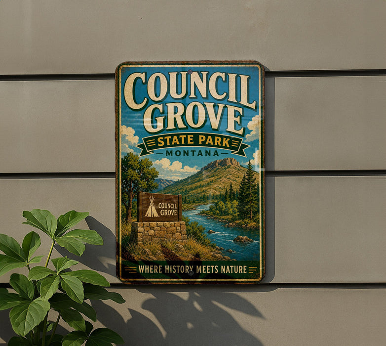 A vintage-style metal sign for Council Grove State Park in Montana, featuring a scenic landscape with a river, mountains, and a teepee.