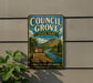 A vintage-style metal sign for Council Grove State Park in Montana, featuring a scenic landscape with a river, mountains, and a teepee.