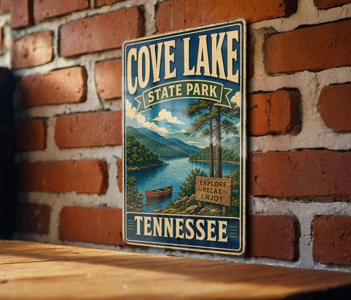 A vintage-style metal sign for Cove Lake State Park in Tennessee, featuring a scenic illustration of the lake and surrounding landscape.