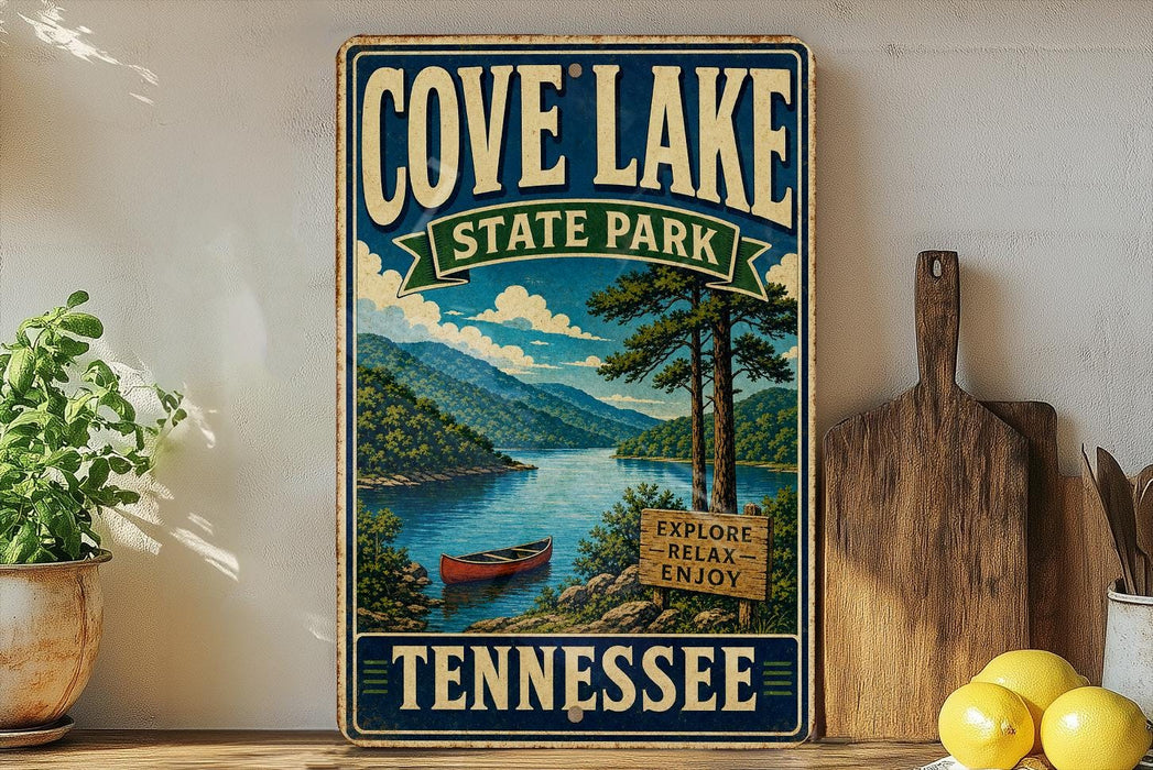 A vintage-style sign for Cove Lake State Park in Tennessee, featuring a scenic illustration of the lake surrounded by mountains and pine trees.