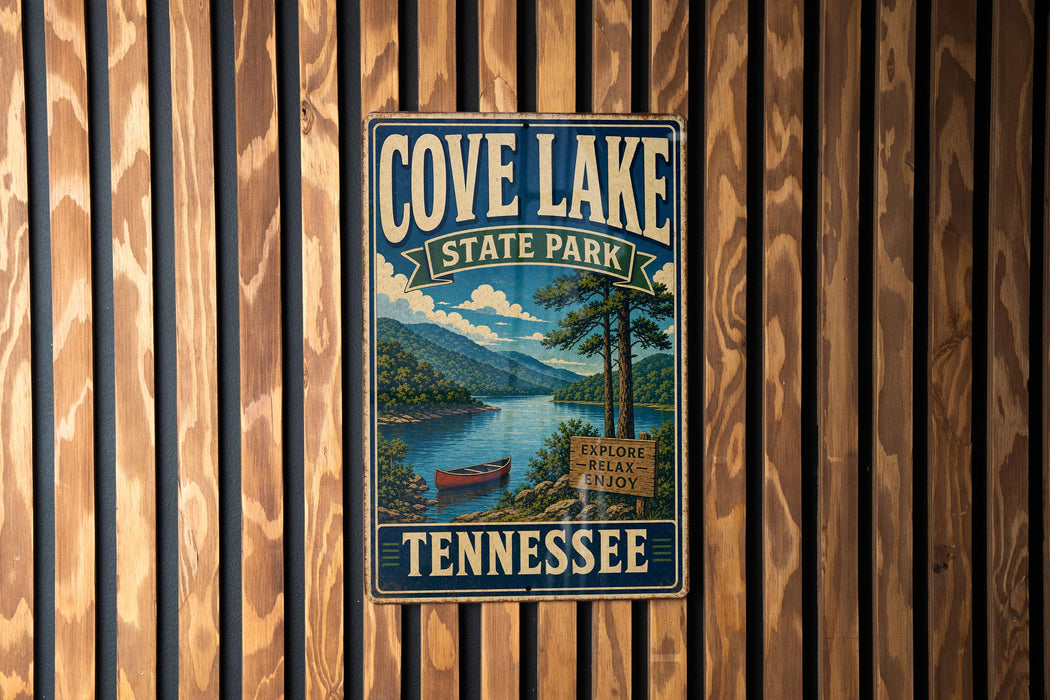 A vintage-style metal sign for Cove Lake State Park in Tennessee, featuring a scenic landscape with a lake, mountains, and a canoe.