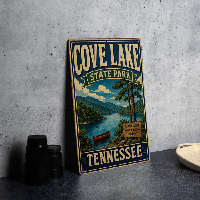 A vintage-style metal sign for Cove Lake State Park in Tennessee, featuring a scenic landscape with a lake, mountains, and a canoe.
