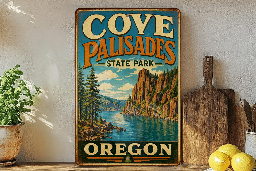 a vintage-style sign for Cove Palisades State Park in Oregon, with a scenic mountain landscape and a river in the background.