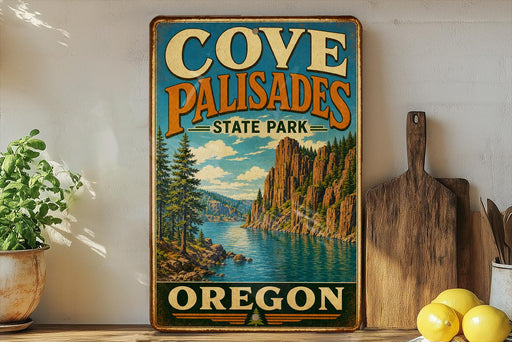 a vintage-style sign for Cove Palisades State Park in Oregon, with a scenic mountain landscape and a river in the background.