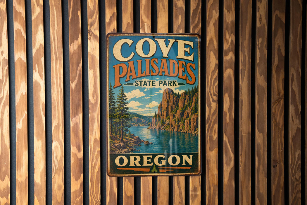 a vintage metal sign for Cove Palisades State Park in Oregon, mounted on a wooden wall.