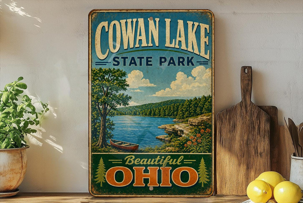 a vintage-style sign for Cowan Lake State Park, with a scenic landscape depicting a lake, trees, and mountains.