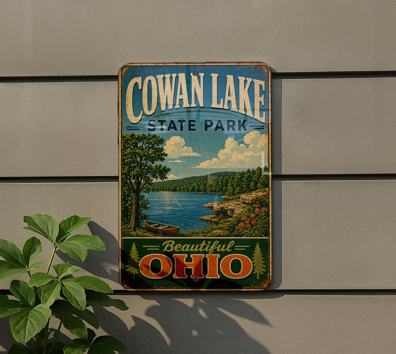 A vintage-style sign for Cowan Lake State Park in Ohio, featuring a scenic landscape with a lake, trees, and mountains.