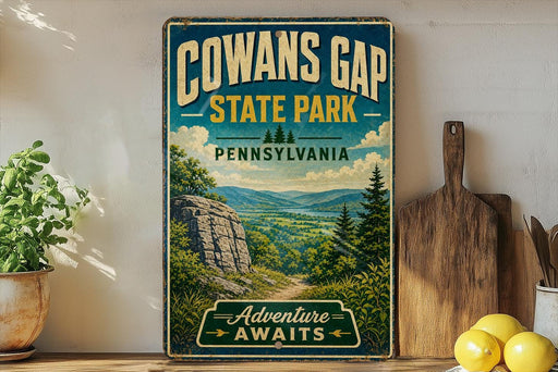 a vintage-style sign for Cowans Gap State Park in Pennsylvania, with a scenic landscape of mountains, trees, and a winding path.