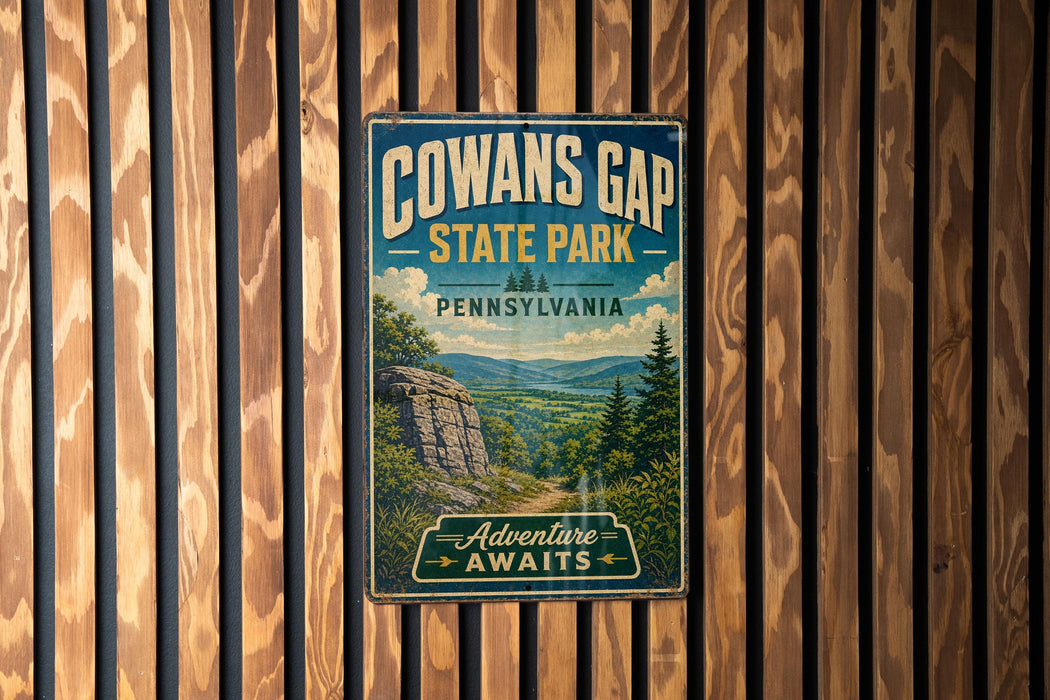 a vintage metal sign for Cowans Gap State Park in Pennsylvania, with a scenic landscape of mountains, trees, and a rocky outcropping.