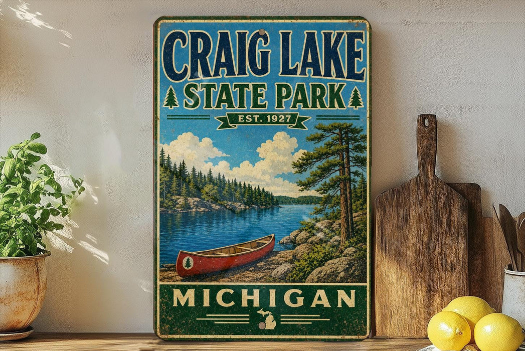 A vintage-style metal sign for Craig Lake State Park in Michigan, featuring a scenic image of a canoe on the lake and pine trees in the background.