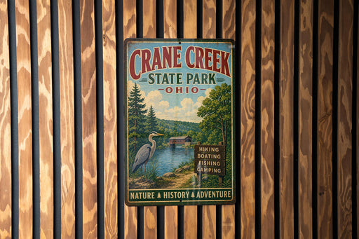 A vintage metal sign for Crane Creek State Park in Ohio, featuring a scenic illustration of a lake, trees, and a bird, mounted on a wooden wall.