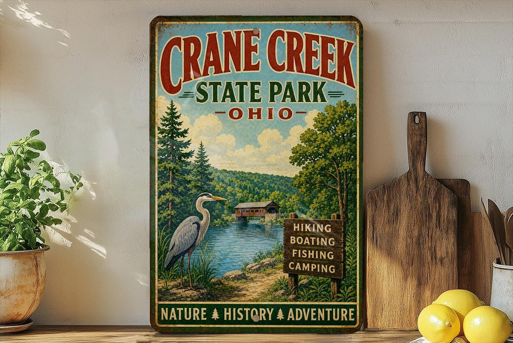 A vintage-style sign for Crane Creek State Park in Ohio, featuring a scenic illustration of a lake, trees, and a bird, along with text promoting outdoor activities such as hiking, boating, fishing, and camping.