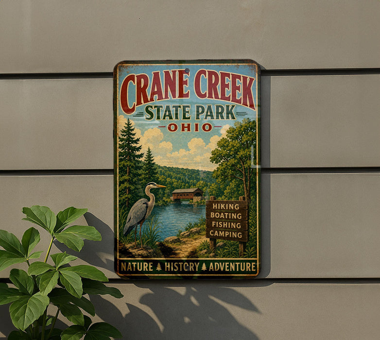 A vintage-style metal sign for Crane Creek State Park in Ohio, featuring a scenic landscape with a lake, trees, and a bird.