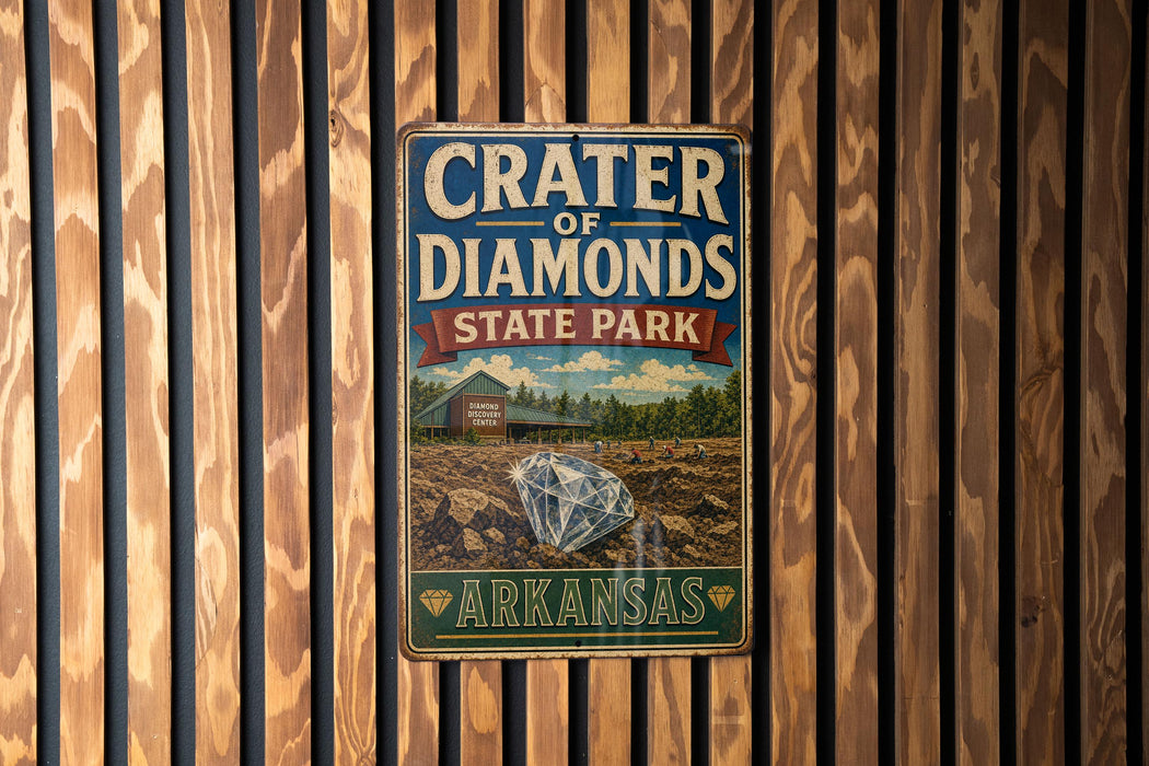 A vintage metal sign for Crater of Diamonds State Park in Arkansas, featuring a diamond and a building in the background.