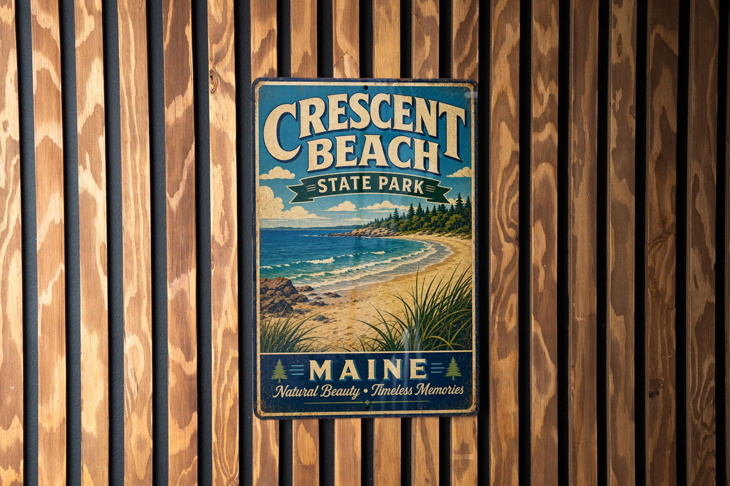 A vintage metal sign for Crescent Beach State Park in Maine, featuring a beach scene with a lighthouse and mountains in the background.