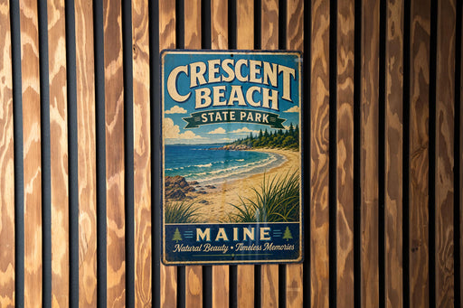 A vintage metal sign for Crescent Beach State Park in Maine, featuring a beach scene with a lighthouse and mountains in the background.
